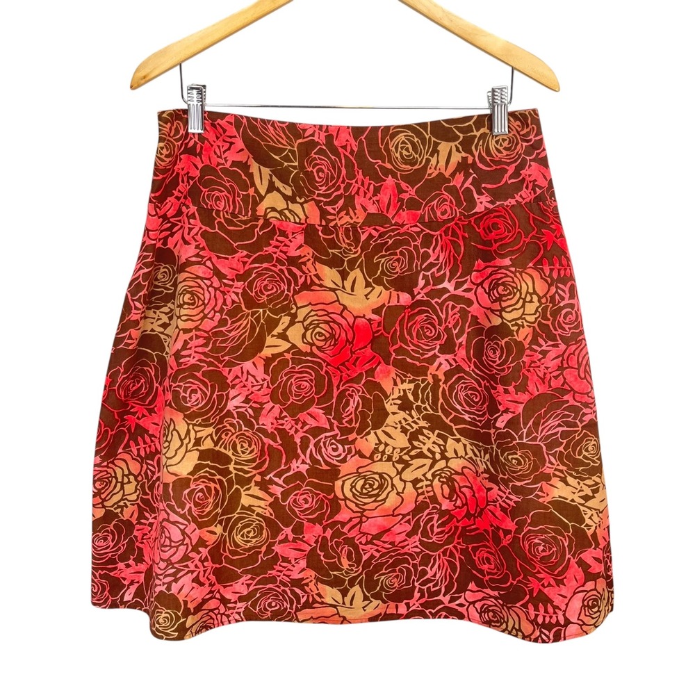 Kim & Cami Floral A-Line Skirt Roses Cotton Brown Pink Red Zip Back Size Large - Picture 2 of 5